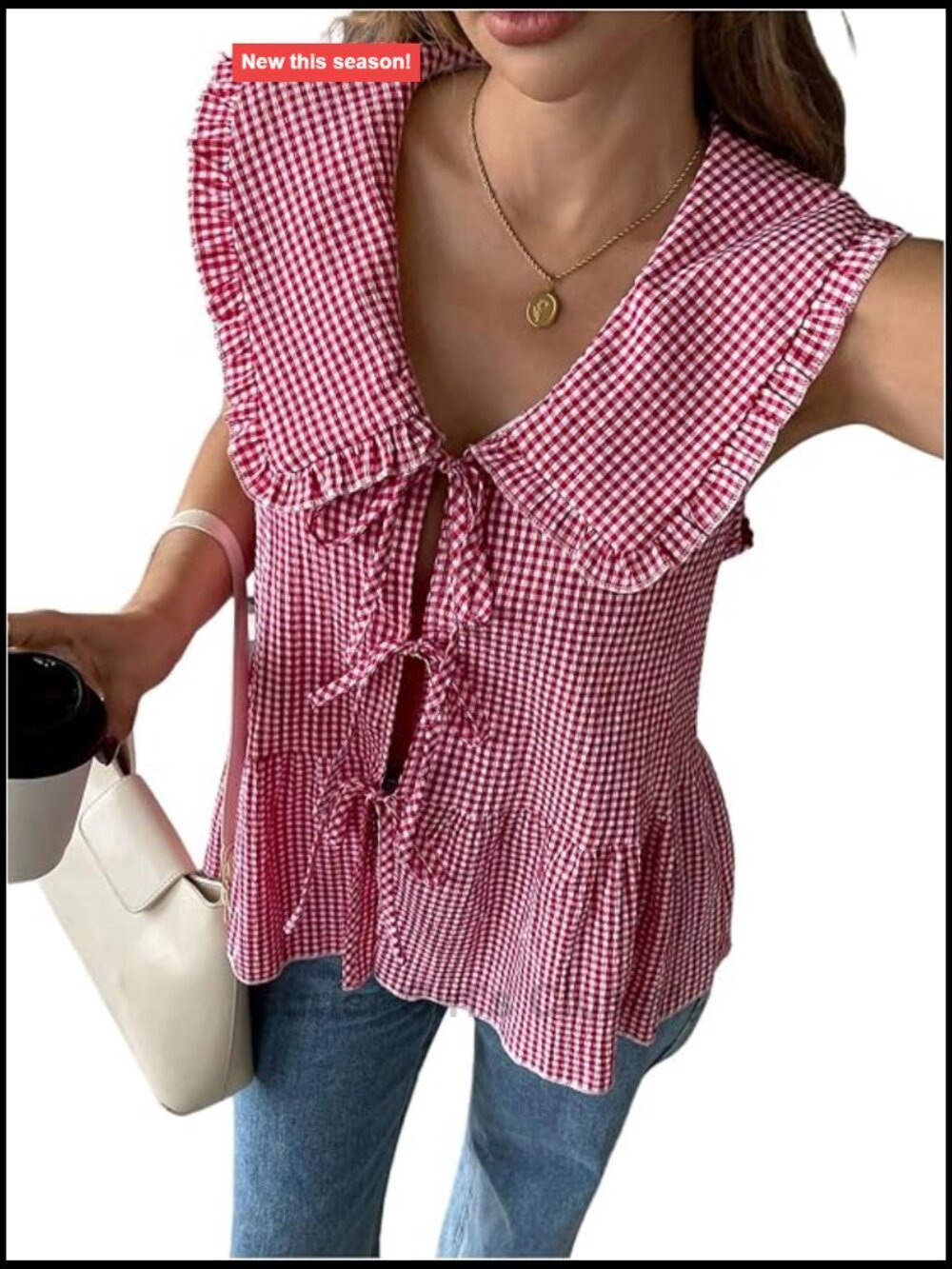 Gingham Babydoll Top Flowy Bow Tie Front Ruffle Sleeveless Peplum Blouse